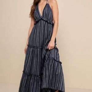 Lulu's Navy and Gray Striped Maxi Dress
